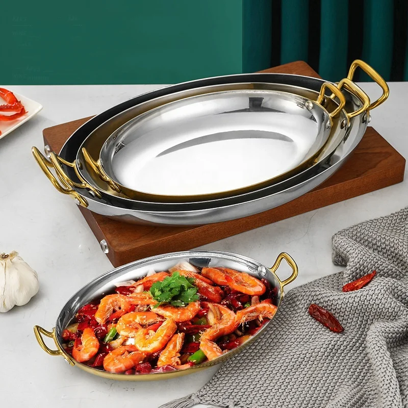 Stock Available Stainless Steel Paella Pan Restaurant Seafood Pot With Double Ear