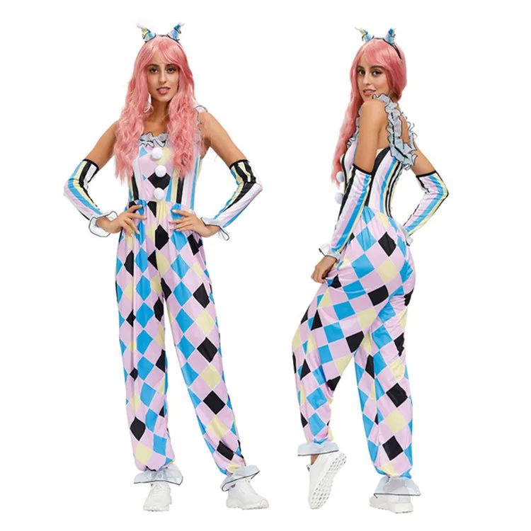 Wholesale Carnival Halloween Party Cosplay Clown Costume Circus Checkered Jumpsuit