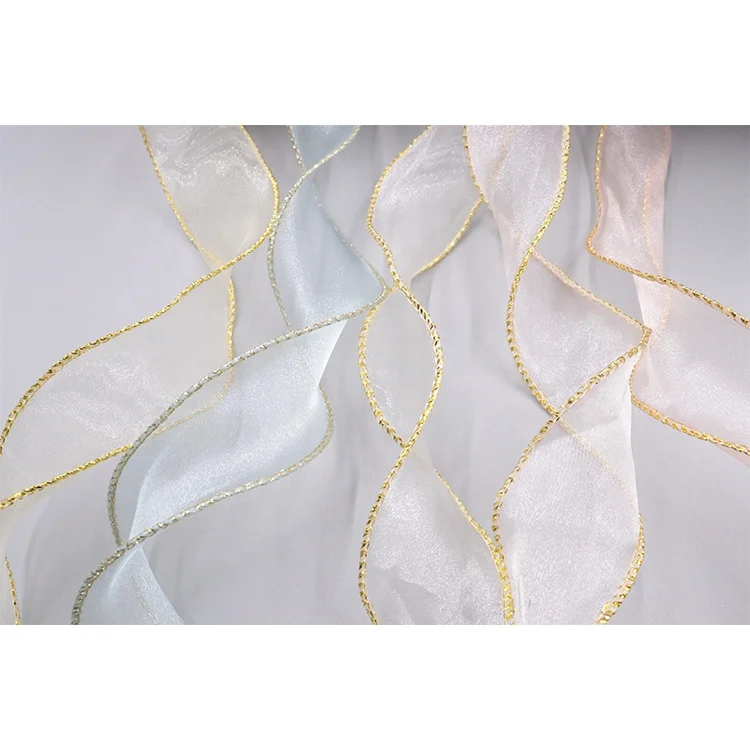 Gold Rim Striped Chiffon Ribbon Glitter Fabric for Crafting Wrap Bouquet Gift Box Dress or Flower Baked Bow Tie