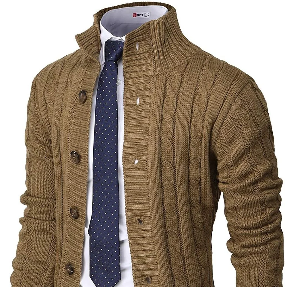 2024 Mens Casual Classic Cardigan With Stand Collar Cable Knitted Down Sweater Men