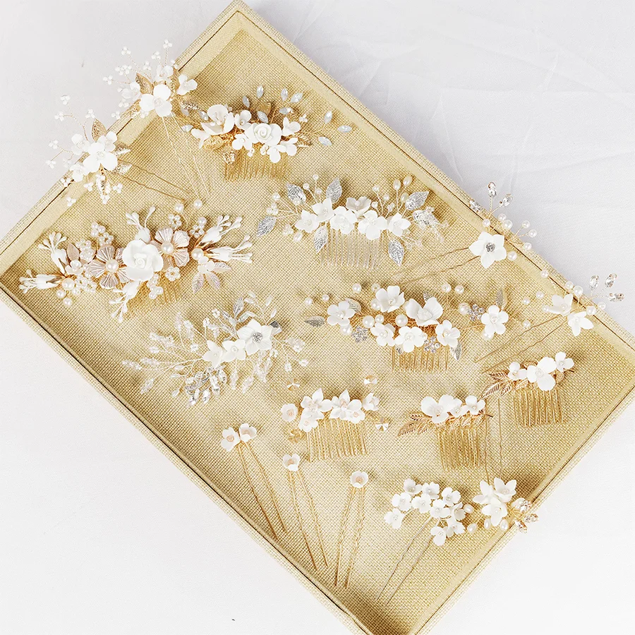 Romantic wedding dress plate hair comb handmade soft pottery pearl hairpin bridal headdress hair accessories