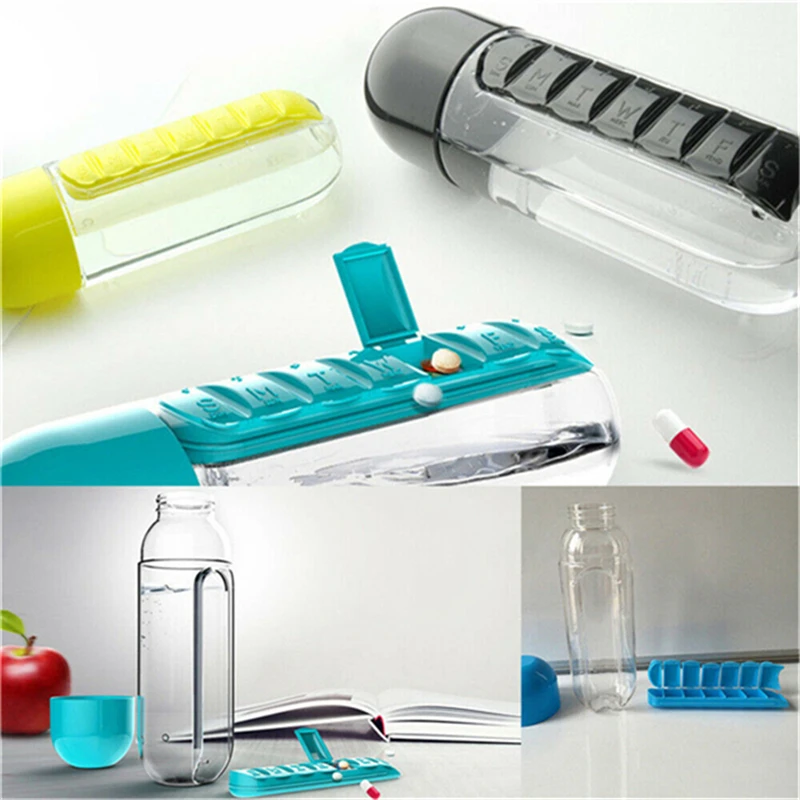 7 Daily Pill Box Water Bottle Cup Case Capsule Organizer Plastic Pill Bottle Screen Printing Red Pink Yellow Easy Open End YH