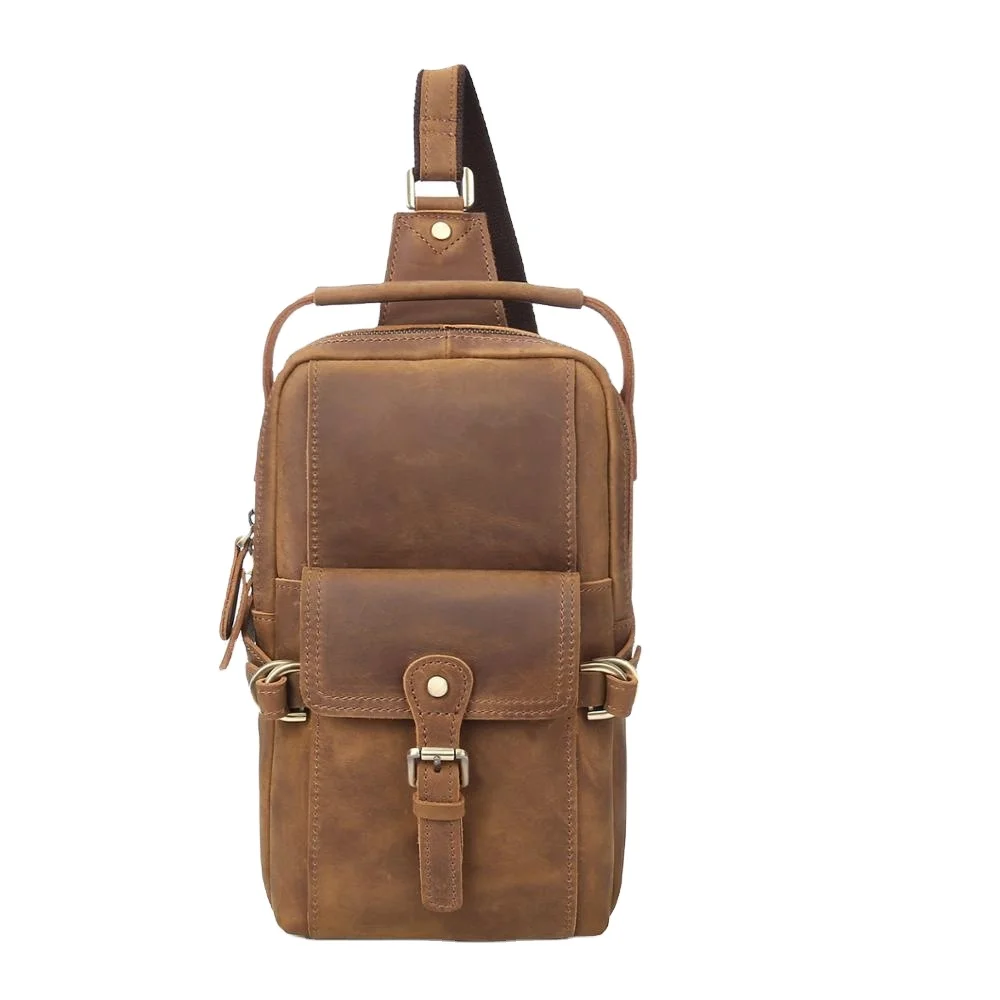 Genuine Leather Casual Fashion Chest Sling Bag Black Design One Shoulder Daypack Crossbody Bag Male 1105