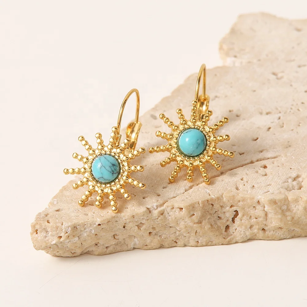 Suyan Jewelry Factory Price  Sun Shape Beads Design Turquoise Non Tarnish 18k Gold Plated Stainless Steel Hoop Earrings Women