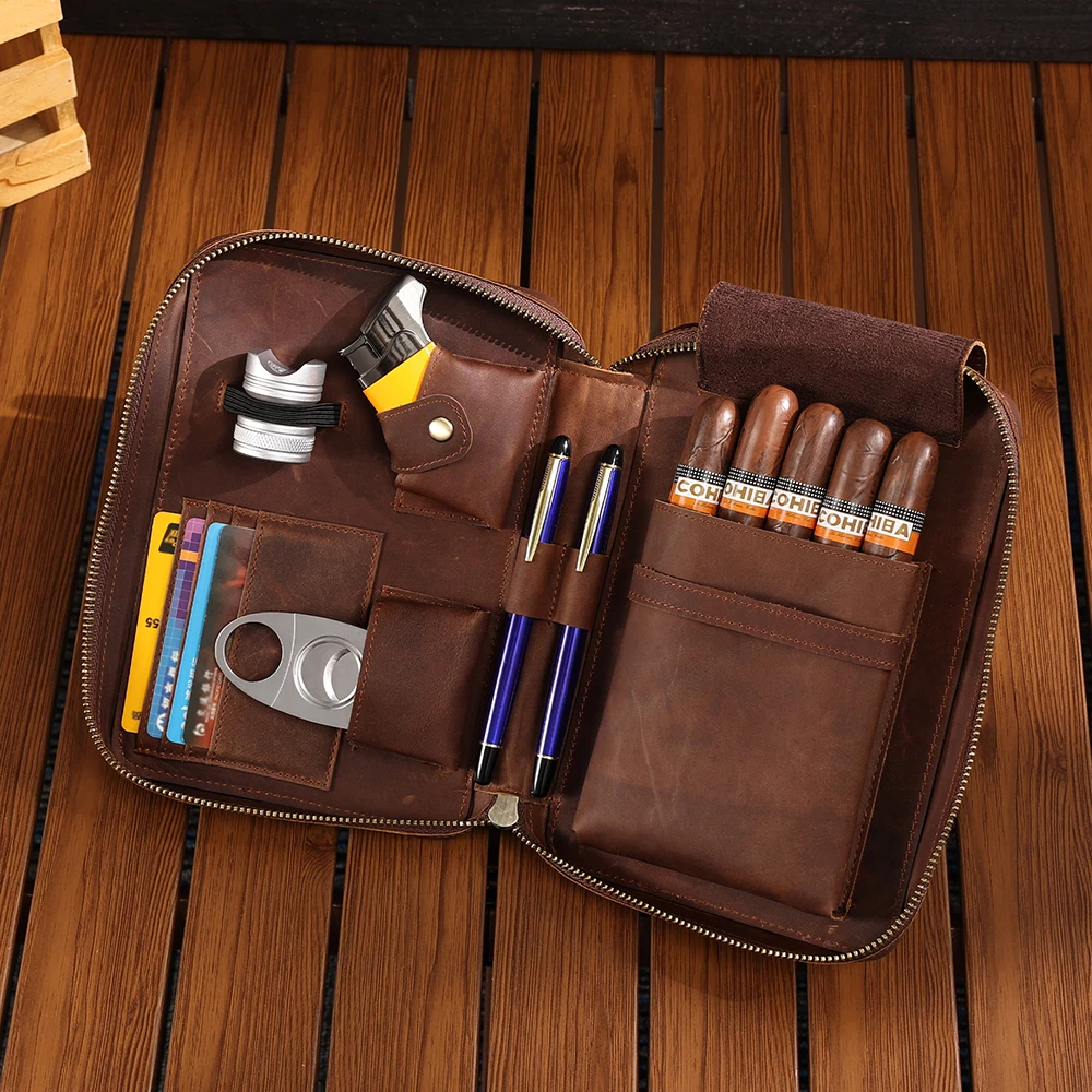 Luxury Real Leather Small Smoking Waist Cigarette Case Vintage Cowhide Leather Cigarette Case Hook Belt Fanny Bag