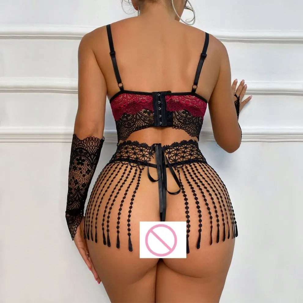 X1271 High Quality 4pcs Bra and Panty set with Tassels Garter Erotic Underwear for wman Sexy Embroidery Lace Lingerie set