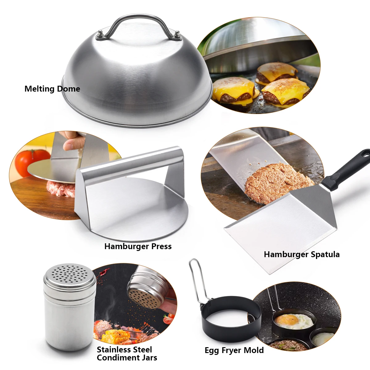 Stainless Steel BBQ Grilling Meat Patty Flipper Scraper Hamburger Presses Set With Cover