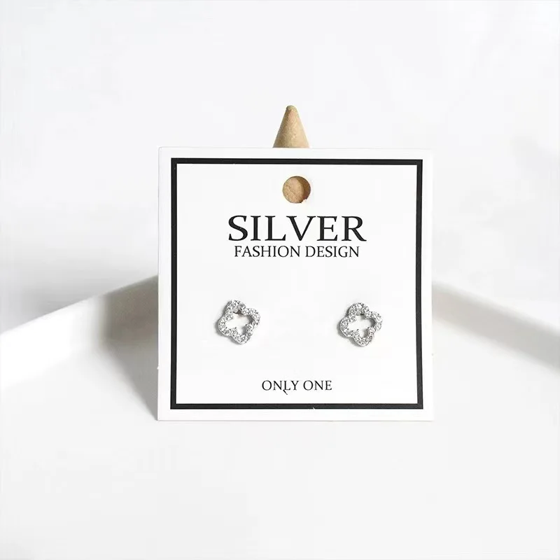 Korean earrings925 Sterling silver allergenic earrings hollowed-out four-leaf clover studs with full drill for women