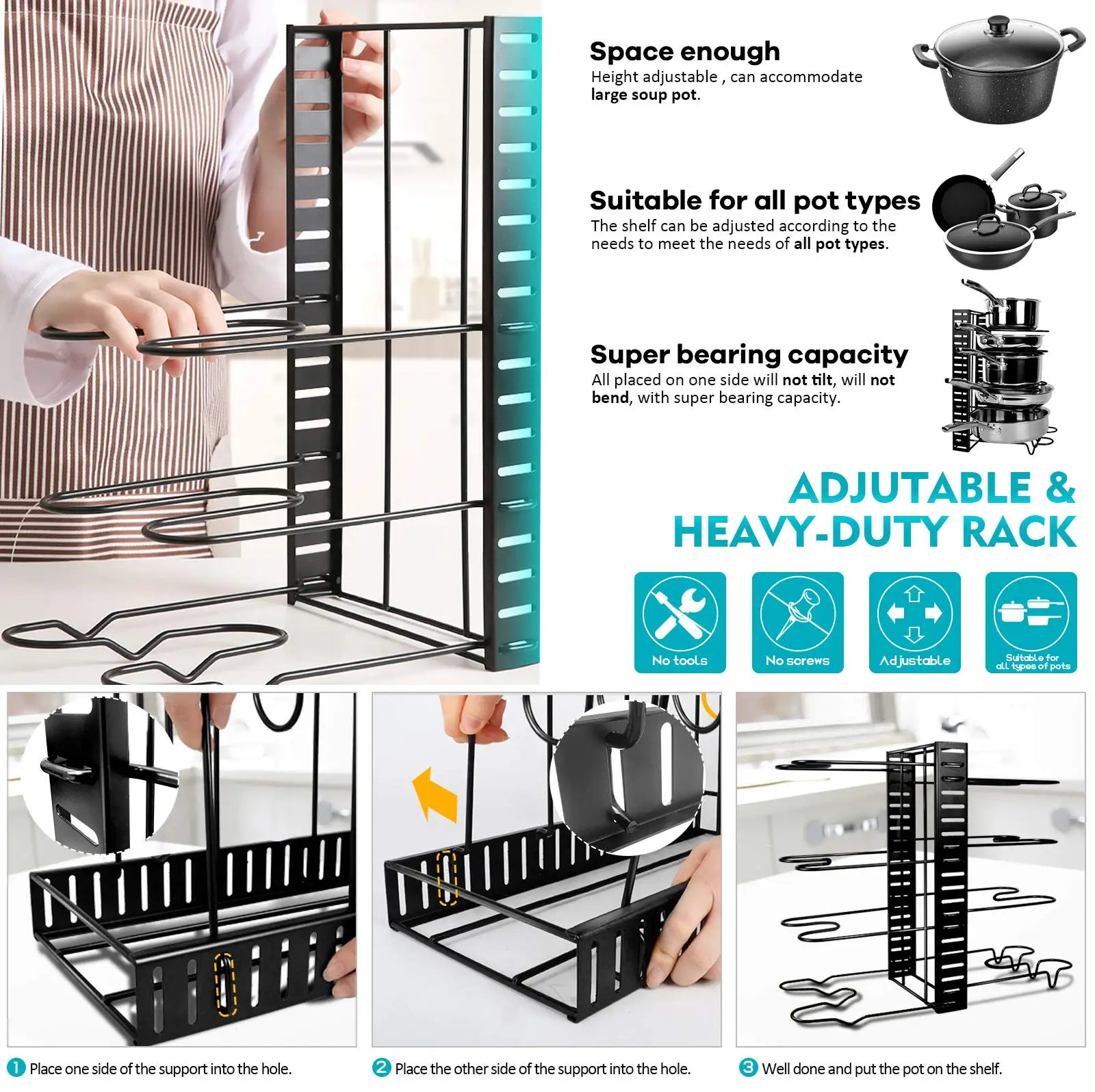 Kitchen Organizer 3 DIY  8 Tiers Adjustable Pots Lid Pans Cabinet Other Accessories Metal Rack Holders Storage Kitchen Organizer