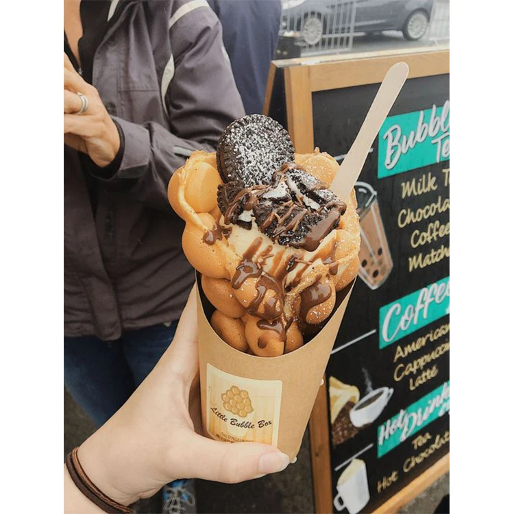 Custom Printed Disposable Paperboard Food Grade Packaging Pizza Packing Kraft Crepe Egg Bubble Waffle Ice Cream Paper Cone Cup