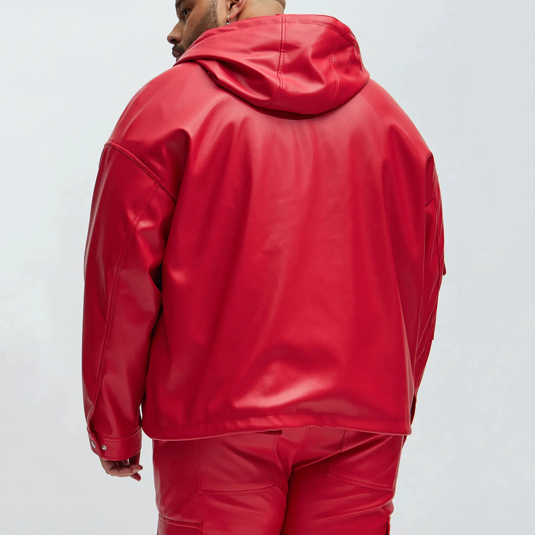 Custom New Trending Men Red Cargo Leather Pullover Jacket With Hooded Plus Size Quarter Zipper Leather Jacket For Men