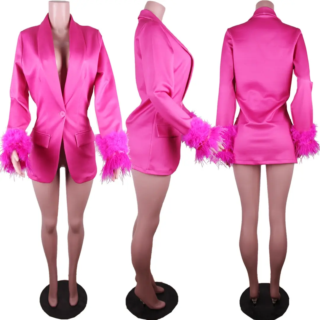 Spring Summer New In Coats And Jackets Vintage Long Sleeve Women Blazers Oversize Pink Ostrich Feather Cuff Blazer