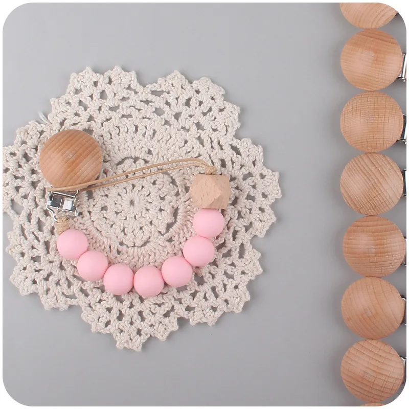 Baby Pacifier Clips Silicone Beads Wooden Ring Pacifier Chain Infant Nipple Appease Soother Chain Clips