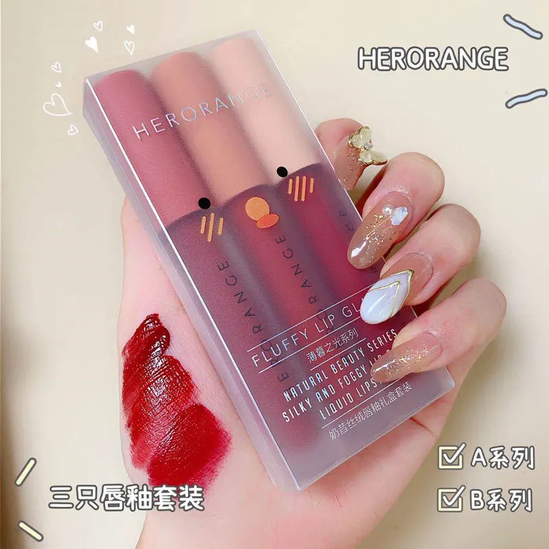 HERORANGE 3pcs Per Set Lip Glaze Gift Box Velvet Matte Lip Gloss Waterproof Non-stick Cup Liquid Lipstick
