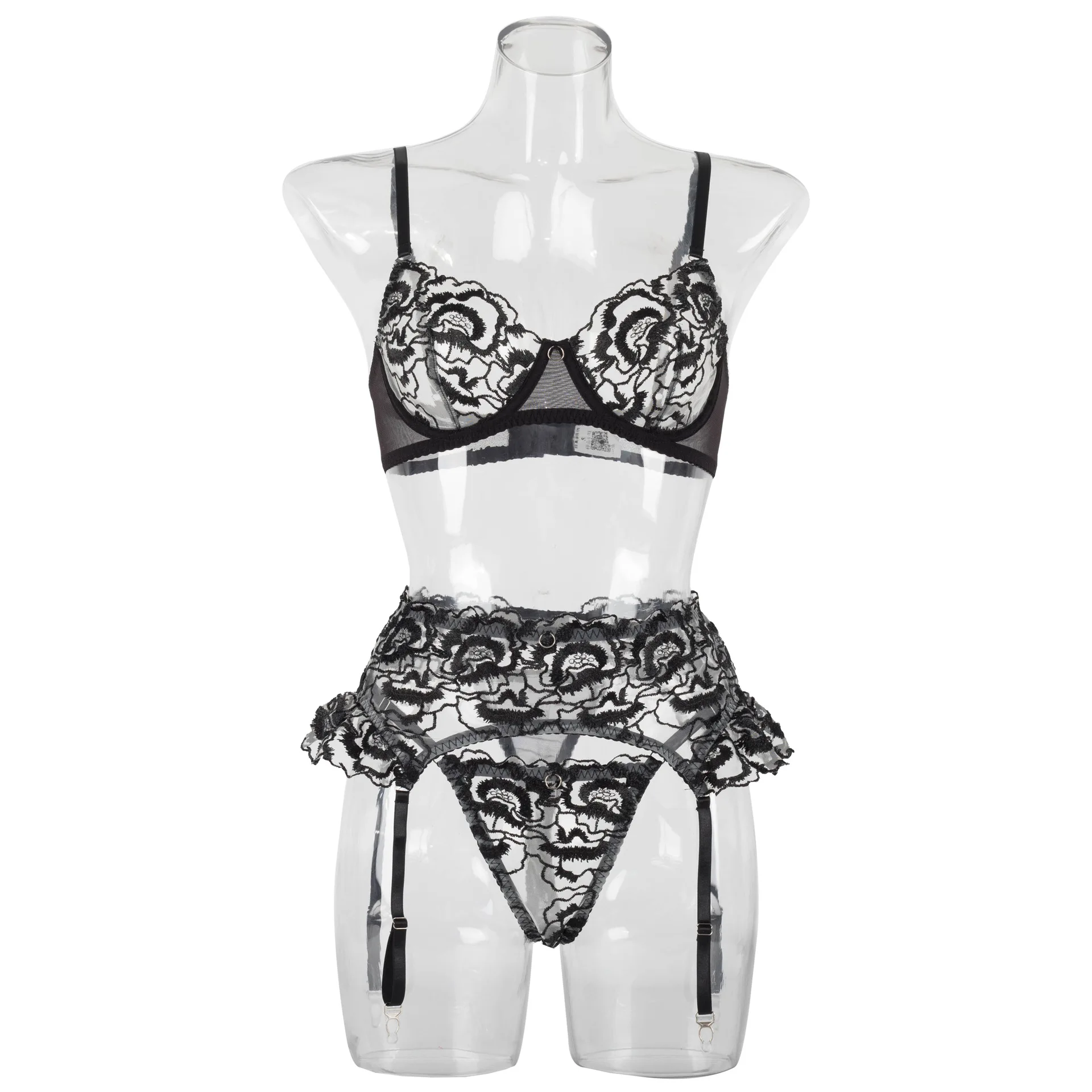 Deep Love Sexy Black Transparent Lingerie Girls Models with Steel Ring Mesh Embroidered Lace Garters