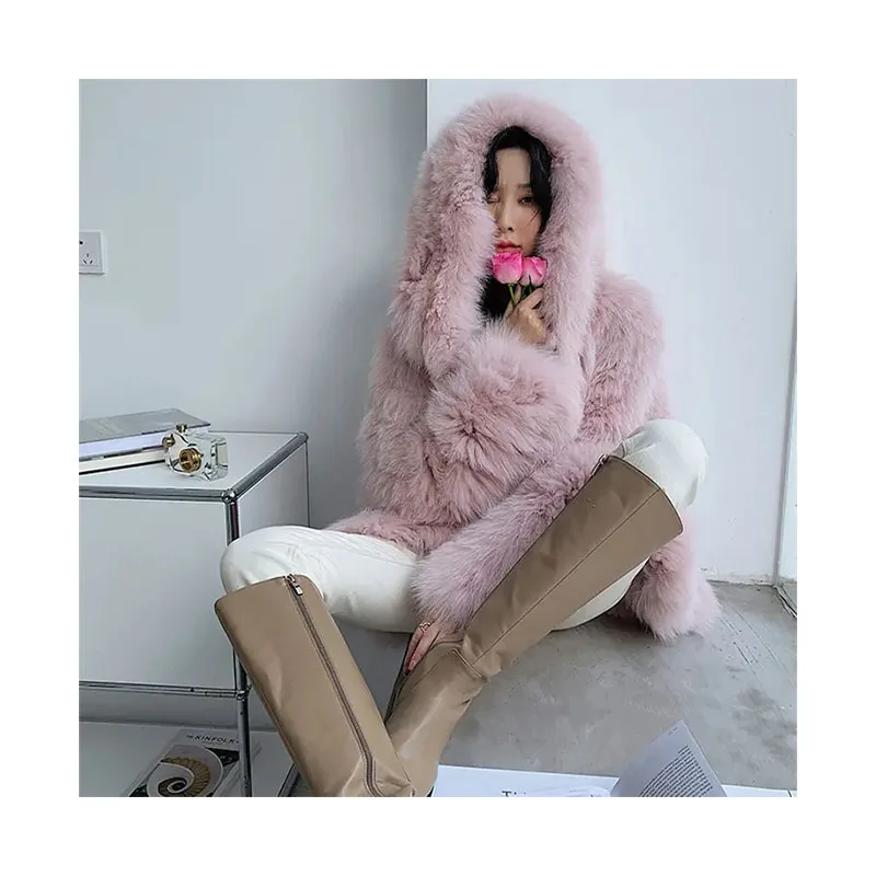 New Elegant fox fur coat Pink with hood coat winter real fox fur coat fluffy jackets women Factory wholesale custom spot