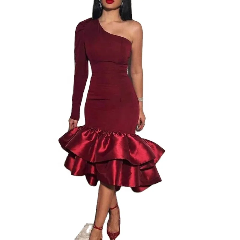 Plus Size Evening Dresses Women Lady Elegant Red Ball Gowns For Women Evening Long-Sleeved One-Shoulder Party Gown