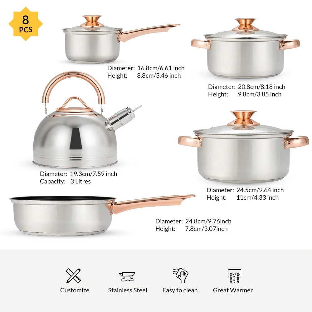 Kitchen 12Pcs Rose Gold Handle Stainless Steel Cooking Soup Nonstick Frying Pan Set Of Pot Cookingware Cookware Sets