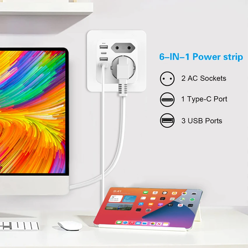 2023 Newest Hot Selling 250V 16A Fuse EU to EU Plug 7 IN ONE German to German USB Travel Adapter With Type-C  5V/3.4A