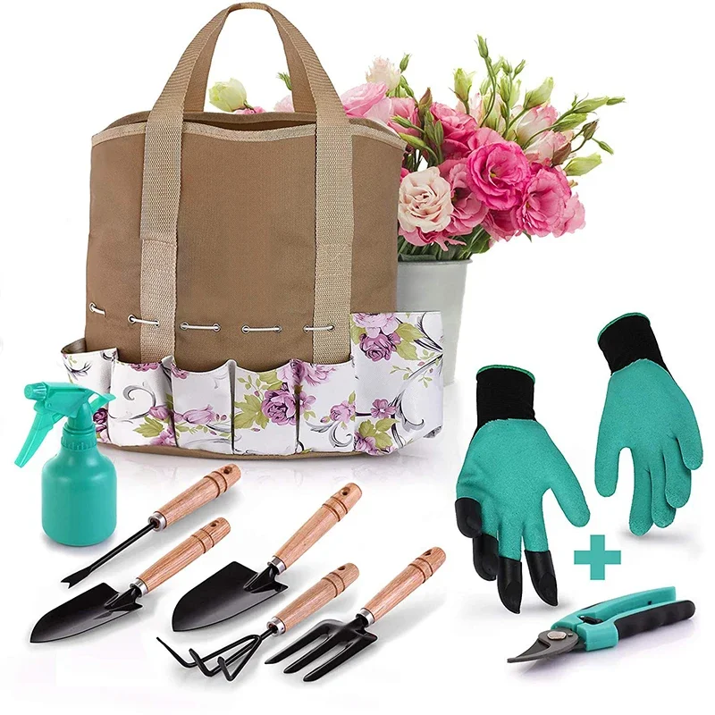 Garden Tools Set - 9 Piece Gardening Kit - Easy to Carry Tote Bag - Pretty Floral Design - Ergonomic Wooden Handle