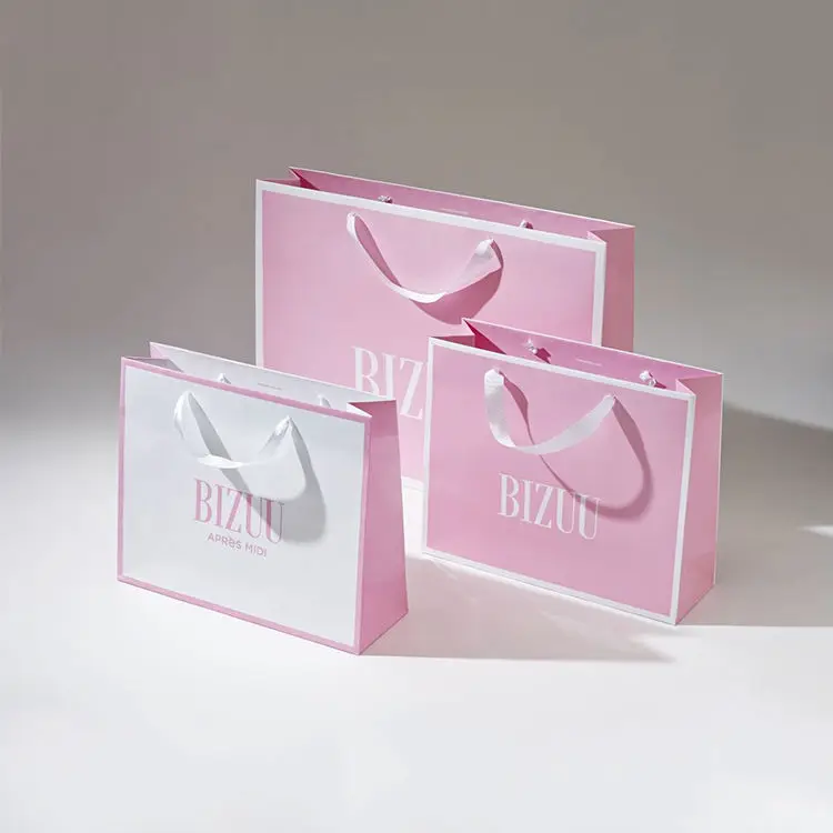 Custom Logo Printed Matt Finish Pink Paper Shopping Bag With Grosgrain Ribbon Handle