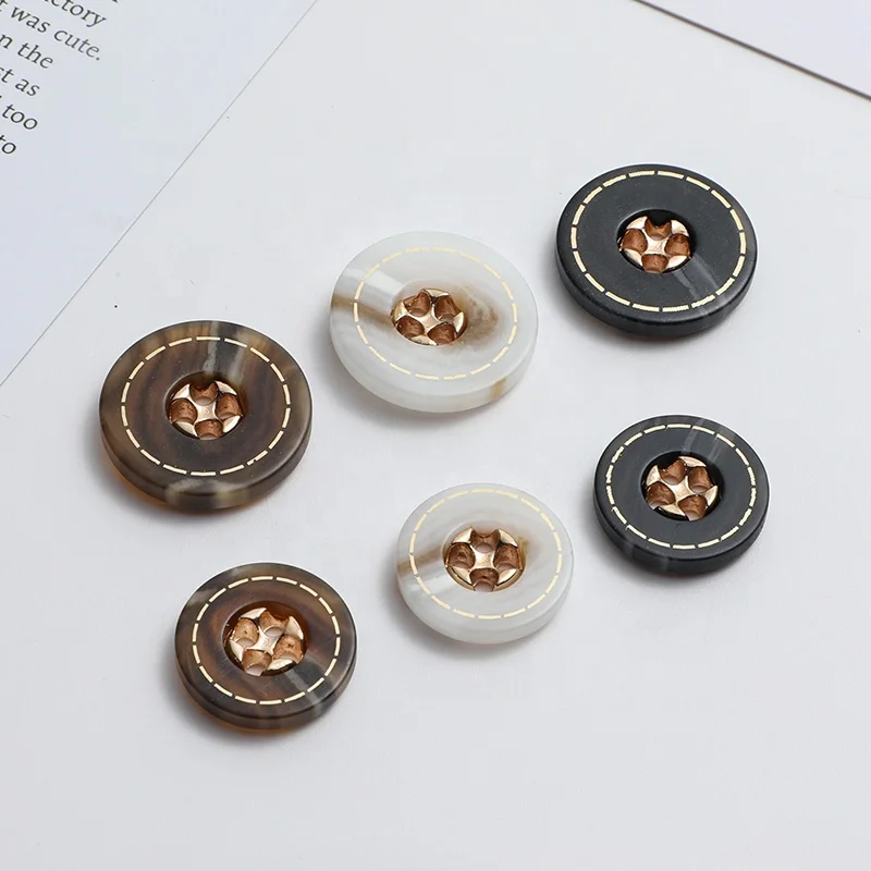 New Designs Resin Metal Combined 4 Holes Embellishments Gold Sweater Blazer Overcoat Fancy Button Wholesale