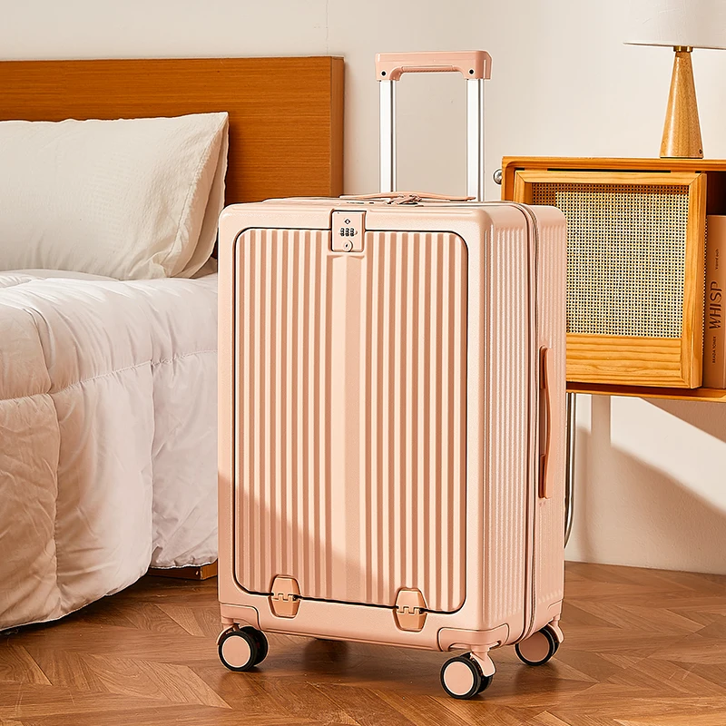 2023 Wholesale Spinner travel luggage front laptop pocket cup holder USB charging TSA lock smart multifunctional suitcase