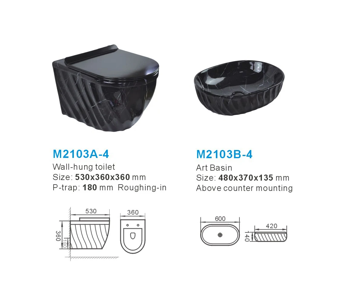 Modern Marble Sanitary Ware Luxury Wall Hung Basin Porcelain One Piece Wc Black Gold Ceramic Bathroom Wc Toilet Set