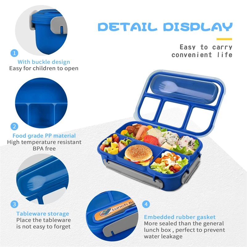 Amazon Hot quadrate airtight food container portable 4 Compartments&Fork bento lunch box for kids