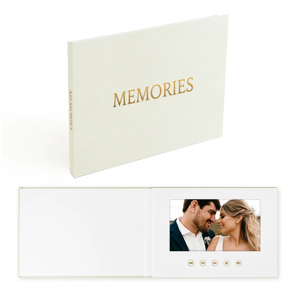 Изготовленный на заказ MEMORYS Золотая фольга льняной переплет в твердом переплете 7-дюймовый IPS экран видеокарты поставщик для свадебной вечеринки рекламные видеоальбомы