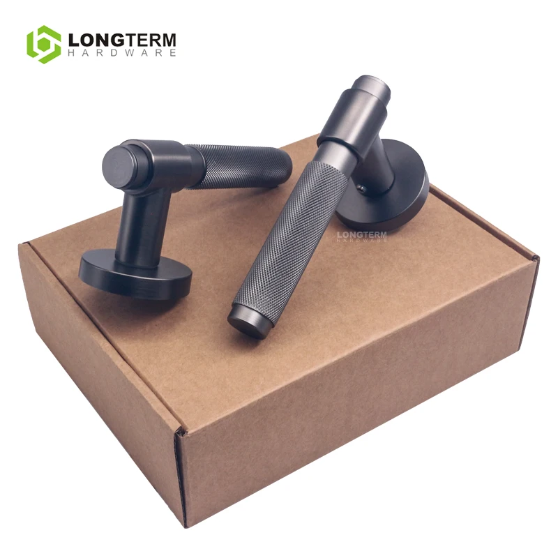 Zinc Alloy Knurled Door Handle Set Mortise Lock Handle Modern Black Round Lever Interior Door Handle for Wooden Doors