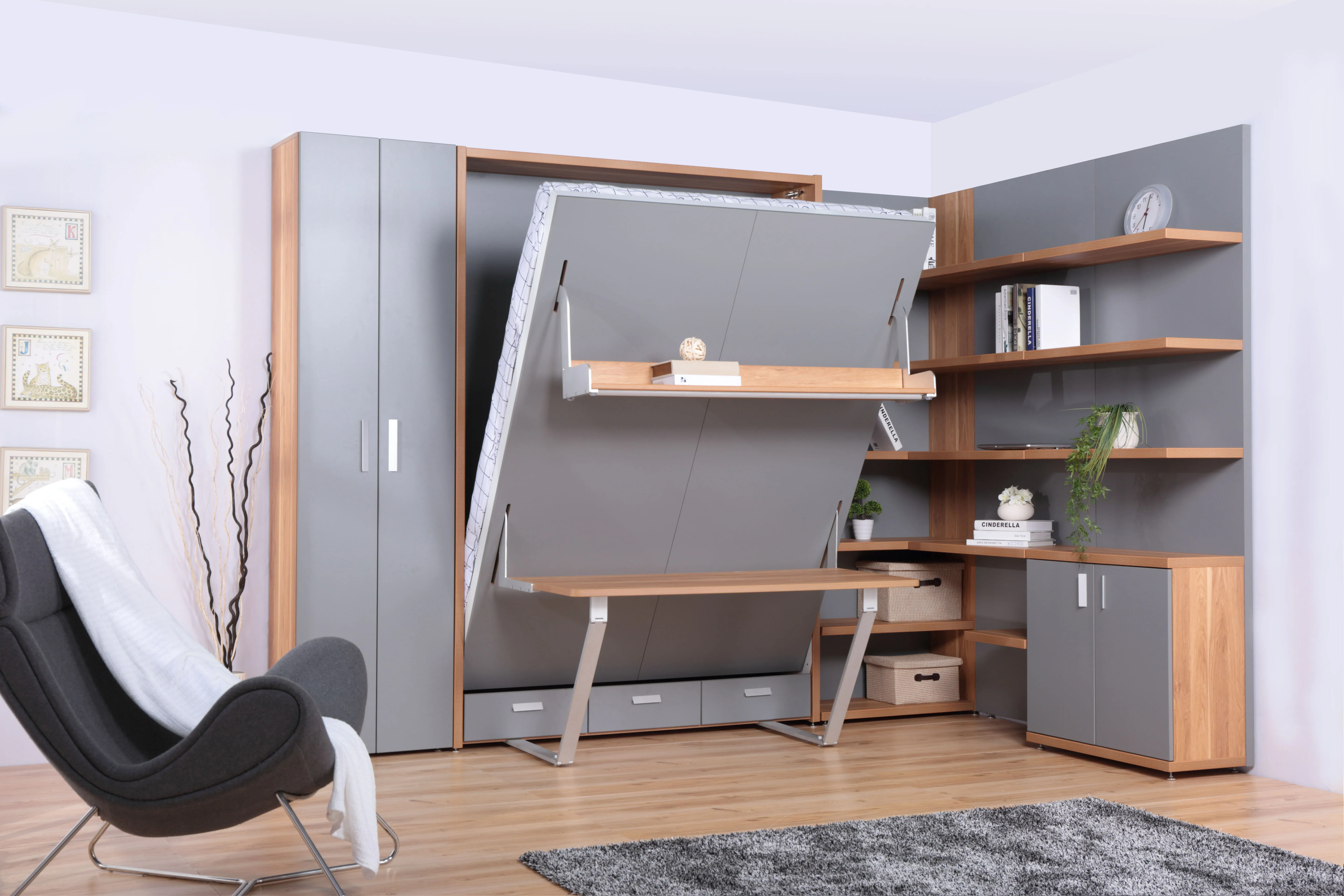 Vertical Wall Beds EN1129-1 Smart Furniture Folding Desk Wall Bed With Bookshelf And Desk For Hotel