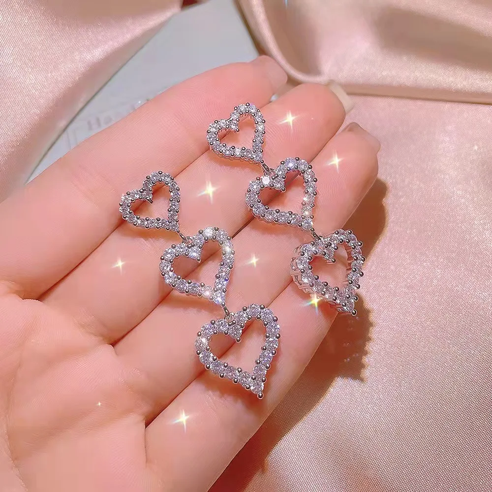 Designer brand jewelry women diamond pendant big drop zircon heart earrings