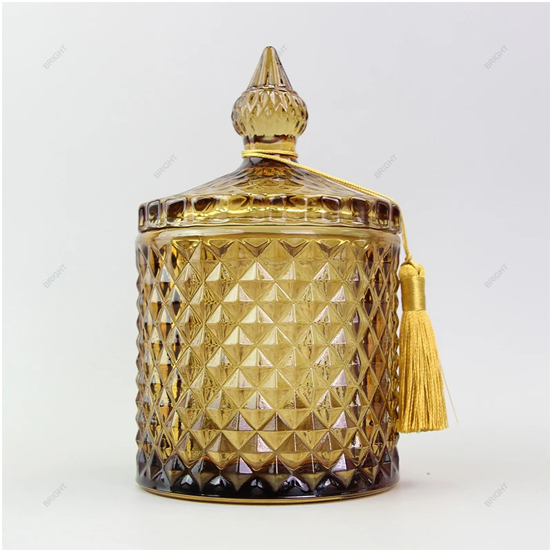Wholesale 250ml multi color crystal glass geo cut geometric candle jar with gold rim lid for party wedding decorations