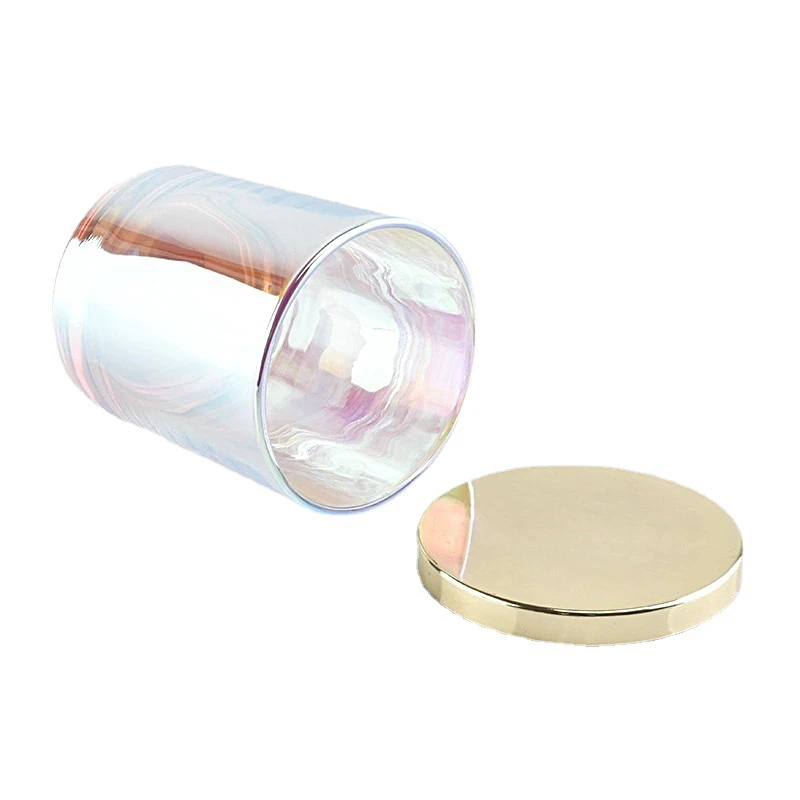 2022 OEM ODM Kerzenglas 12 oz White Gold Embossed Iridescent Crystal Wooden Candle Vessel With Lid