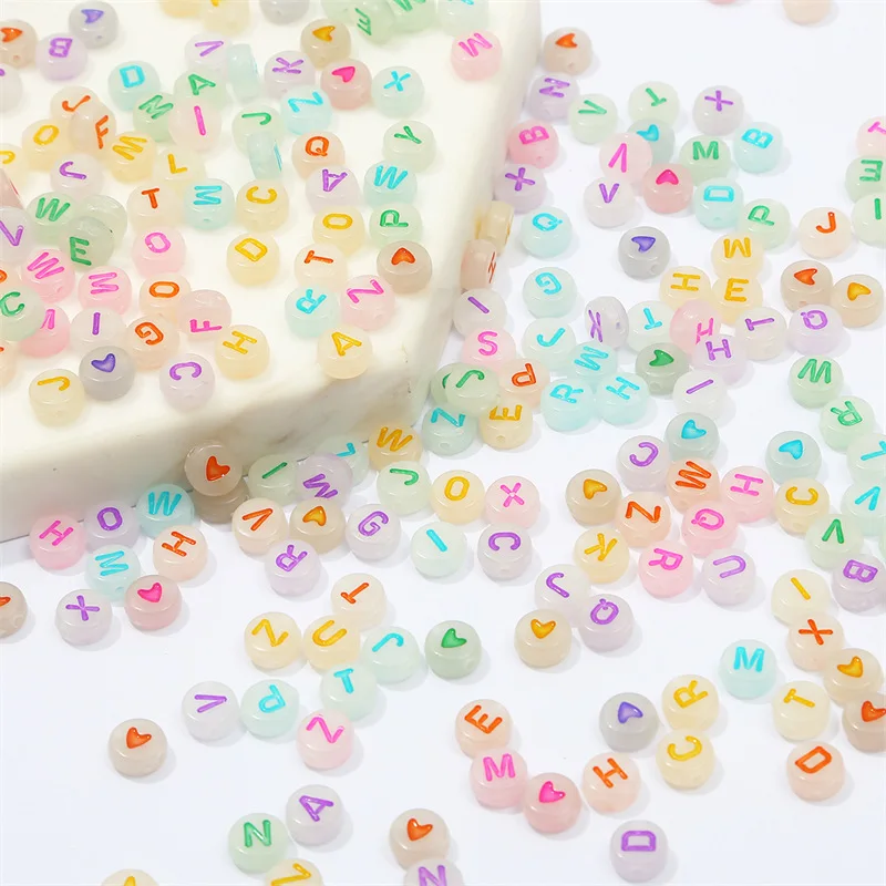 High Quality Glow In Dark  A-Z English Alphabet beads Round Acrylic Flat Letters Beads heart number For Jewelry Making