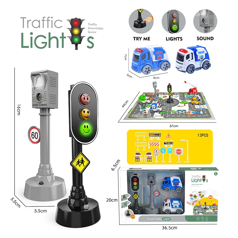 Kids Interactive Learning Push and Go Car Toys Traffic Sign Toy Police Car Set with Play Mat
