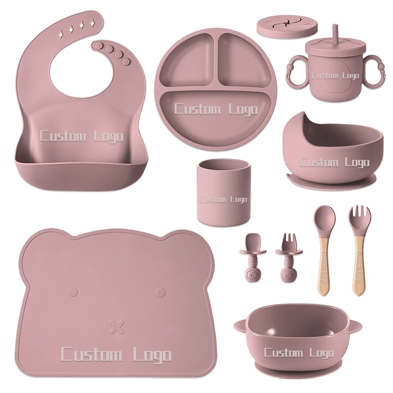 Bpa Free Toddler Weaning Tableware Adjustable Bib Spoon Fork Suction Bowl Divided Plate Silicone Baby Feeding Set