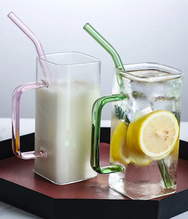 Hot Sale Square Heat Resistant Transparent Coffee Glass Cups Mug With Color Handle