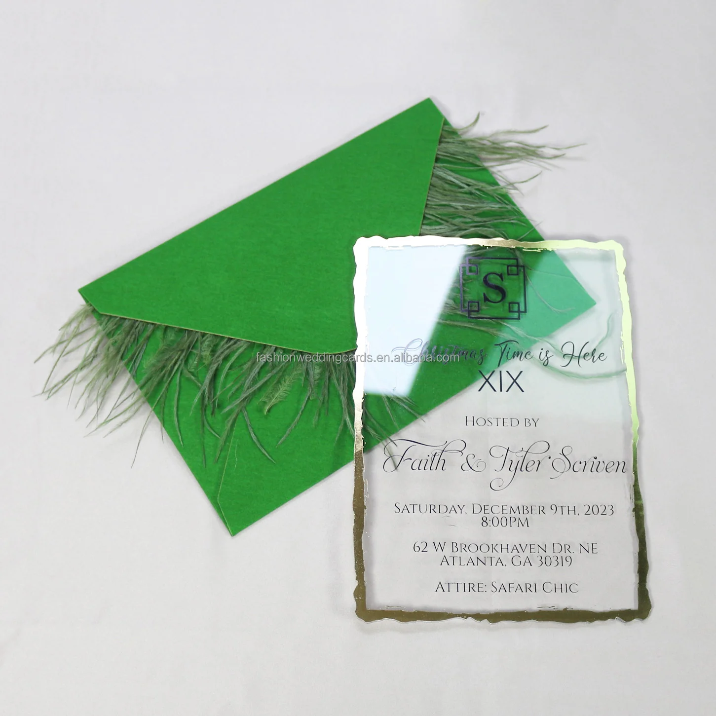 2024 Newest Chic Feather Design Custom Color Velvet Envelope Clear Acrylic Invitations Luxury Wedding Acrylic Invitation Cards