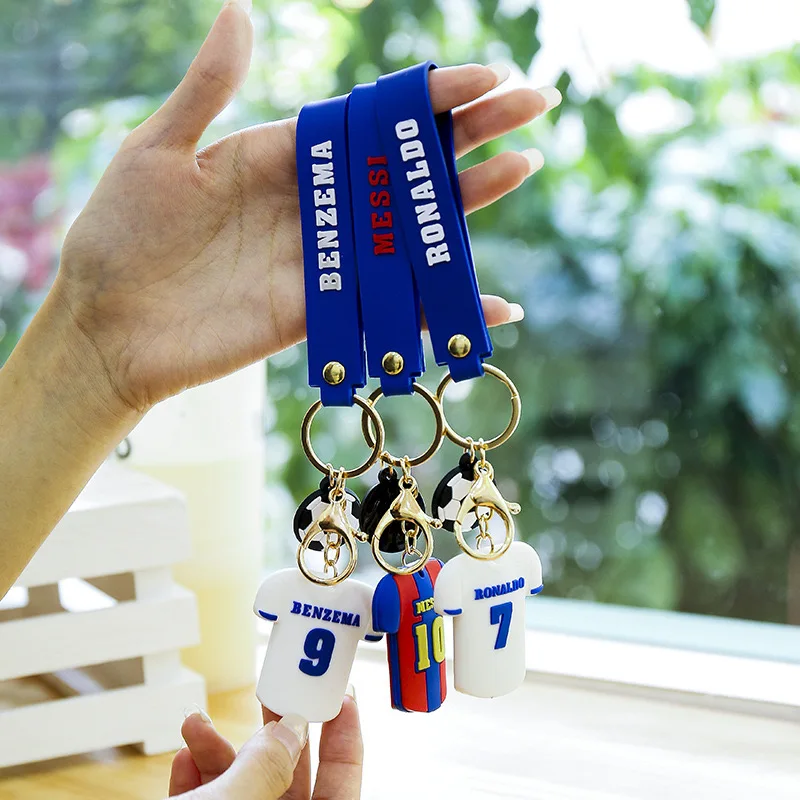 Wholesales 3D Football Keychain Sport T-shirt Messi Ronaldo KeyChain Pvc Rubber Key Ring