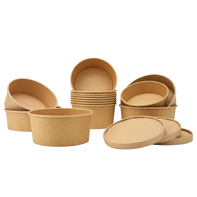 Ready bulk wholesale waterproof Kraft Paper Food Bowl Take Away Disposable Salad Bowls With Paper Lid
