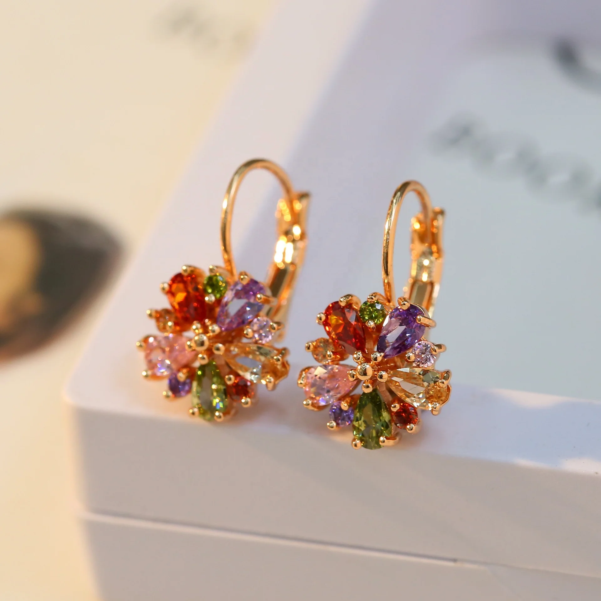 Luxury Bling Colorful Crystal Flower Charm Earrings Trendy Jewelry Rose Gold Plated CZ Bridal For Party