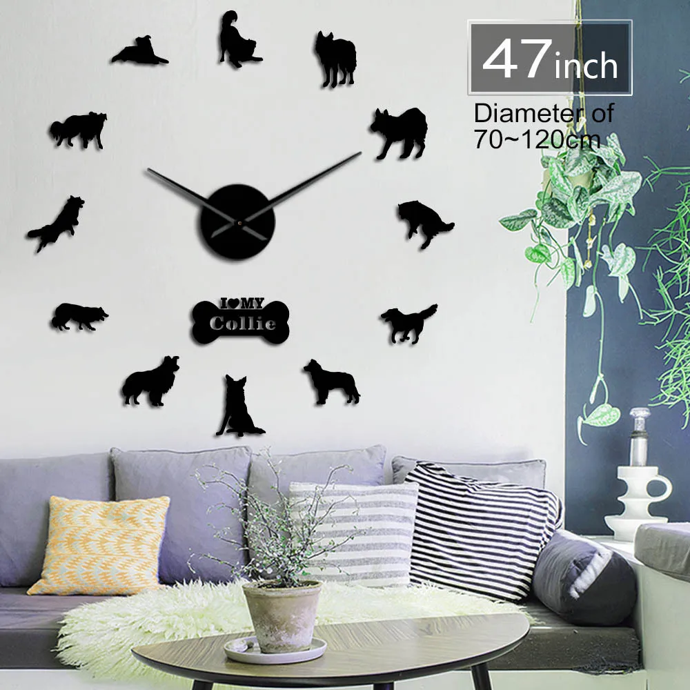 DIY Big Wall Clock Collie Shepherd Dog Acrylic Mirror Wall Clock European Style Living Room Oversized Wall Watch home decoration