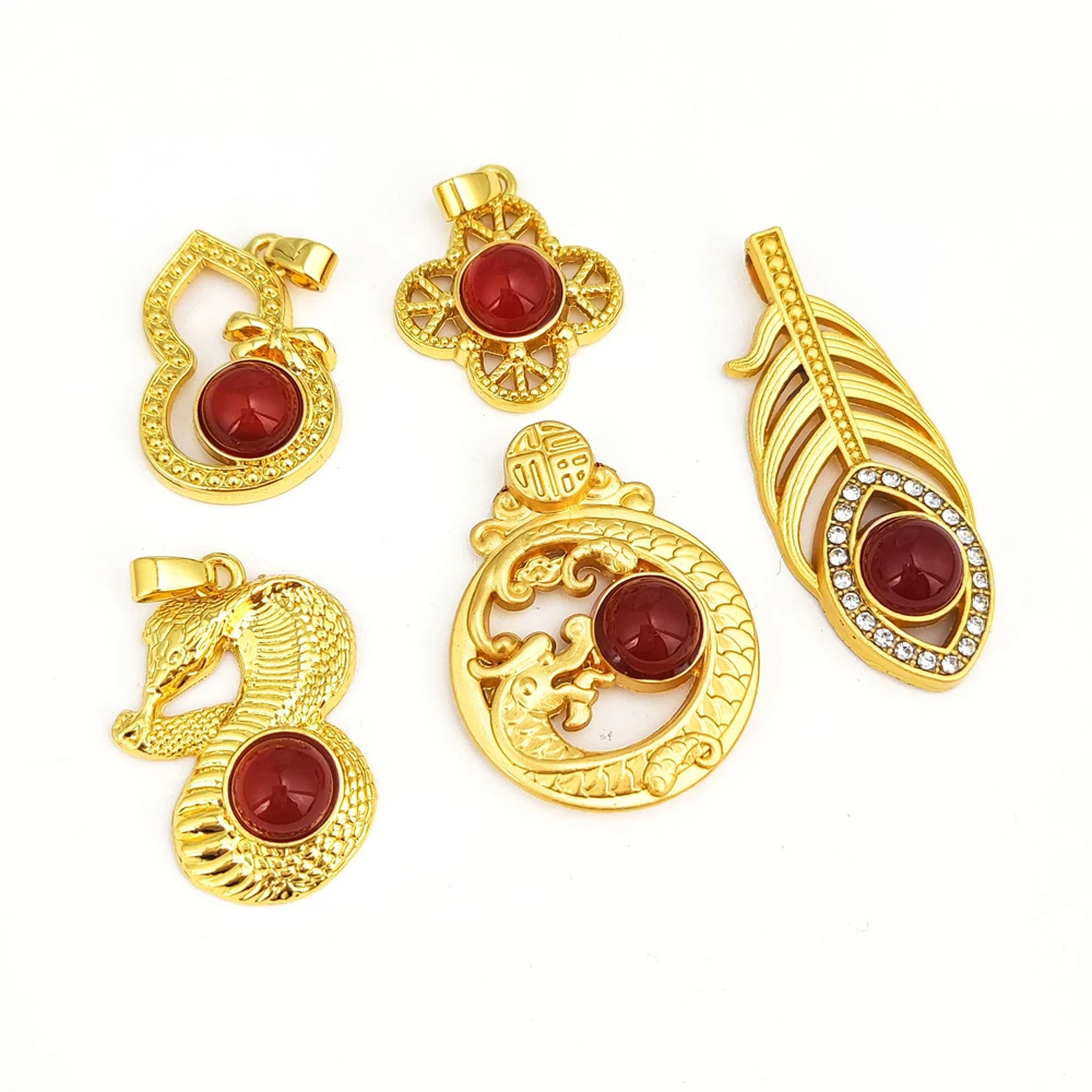 Ancient Gold Plated Copper Pendants Chinese Loong Red Jade Pendants Precious Stone Natural Carnelian Feather Gourd Amulet Charms
