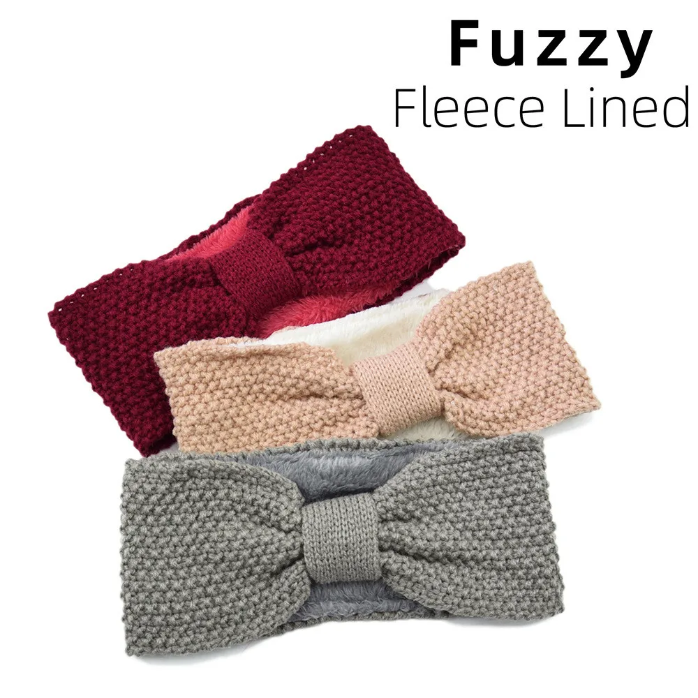 Hot Sale Winter Knitted Bow Hair Band Fleece Lined Headbands Soft Stretch Headwrap Knotted Crochet HairBand Accessories