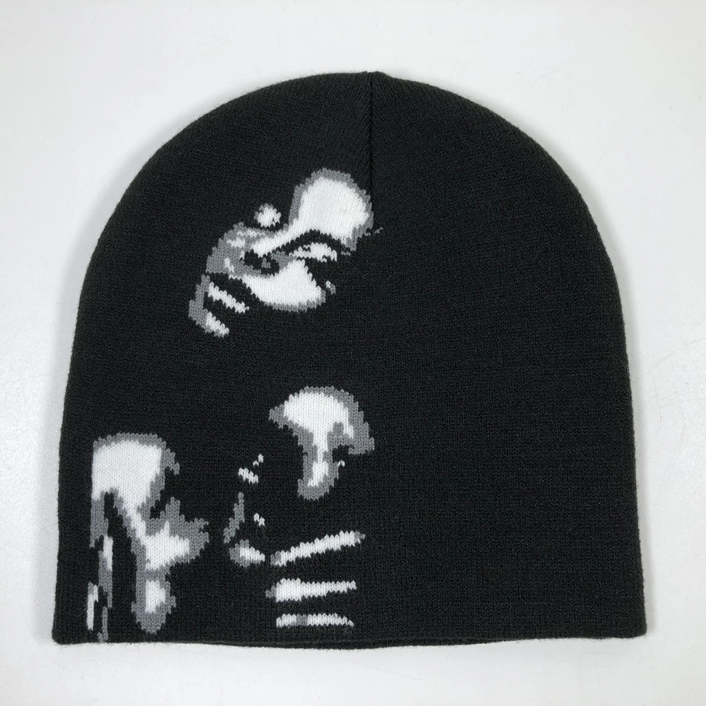 OEM custom logo pattern no fold beanie Men fashion black knitting winter hats Wind proof skull acrylic sports hip hop beanie