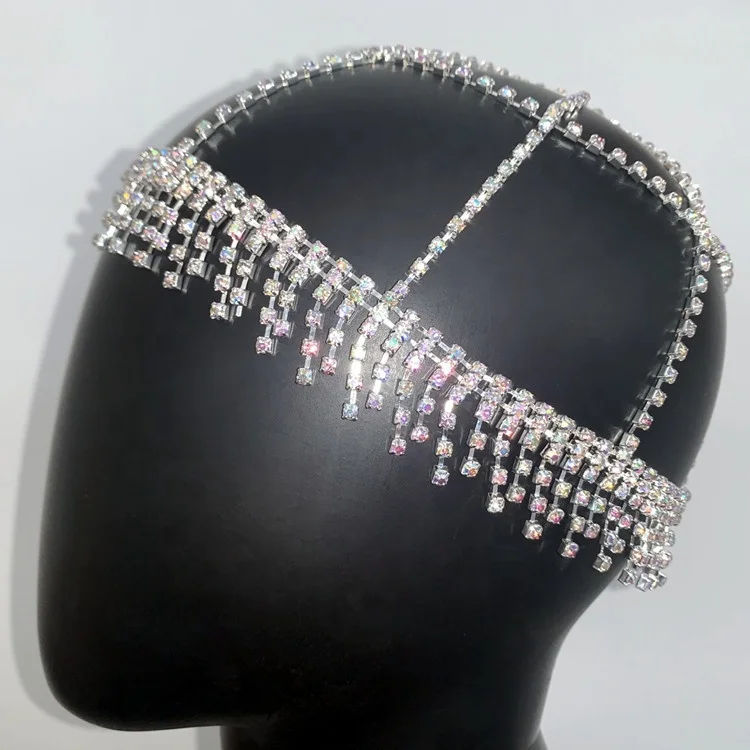  Luxury Chain Rhinestone Forehead Headpiece Tassel Bridal Head for Women Handmade Crystal Hair Headwear Accessories