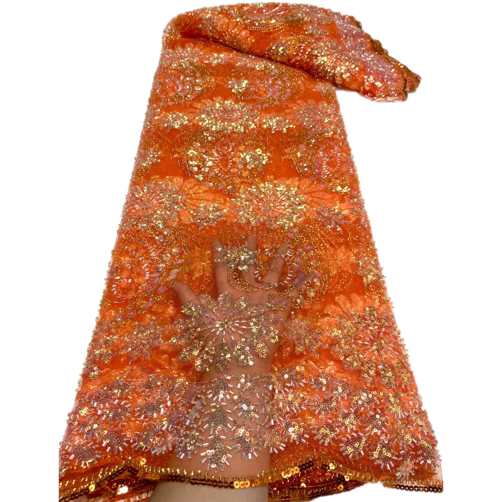 Высококачественная французская кружевная ткань оранжевая Тюлевая Толстая вышитая бисером Роскошная нигерийская с блестками для вечеринки свадебное платье