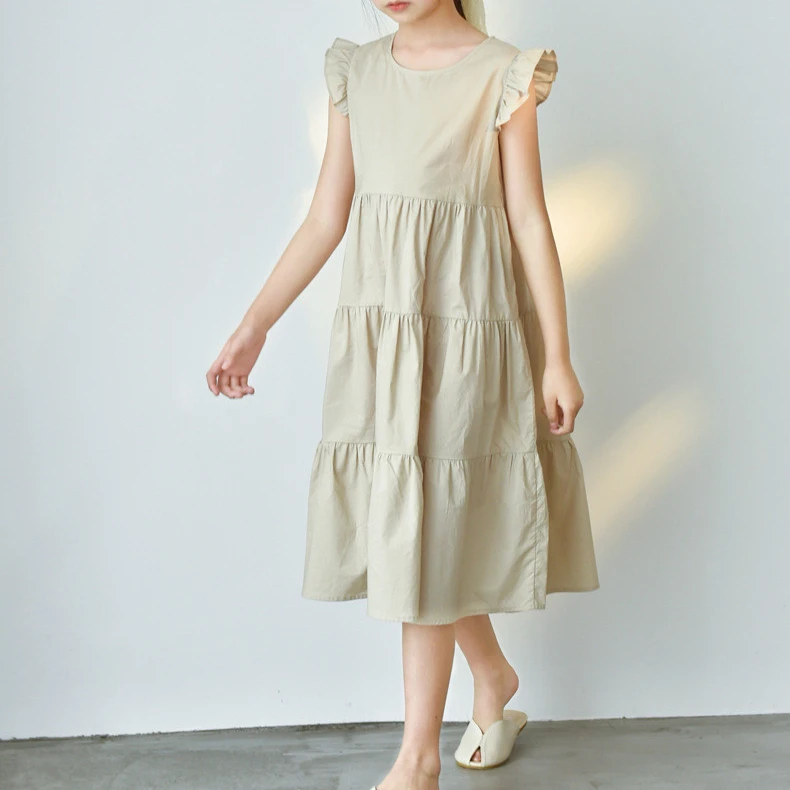 Summer 2022 New  Korea simple children dress loose ruffle sleeve lovely sweet dresses for girls